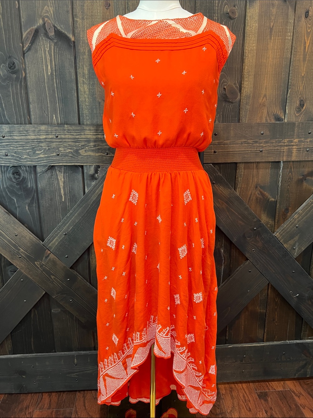 Anthropologie Floreat High Low Dress 2 Orange Embroidered Mesh Smocked‎ Boho